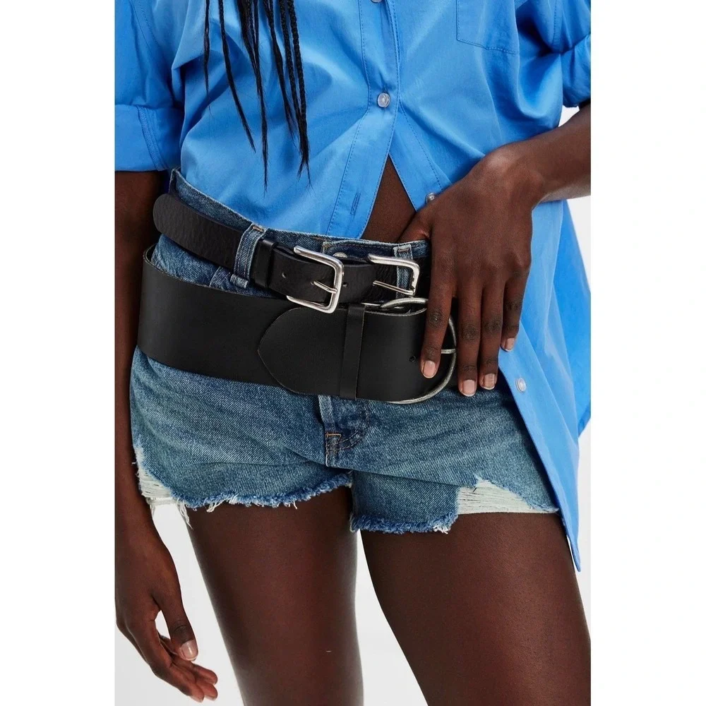 Free People Sabo Double Buckle Belt silver black leather small medium new nwt
